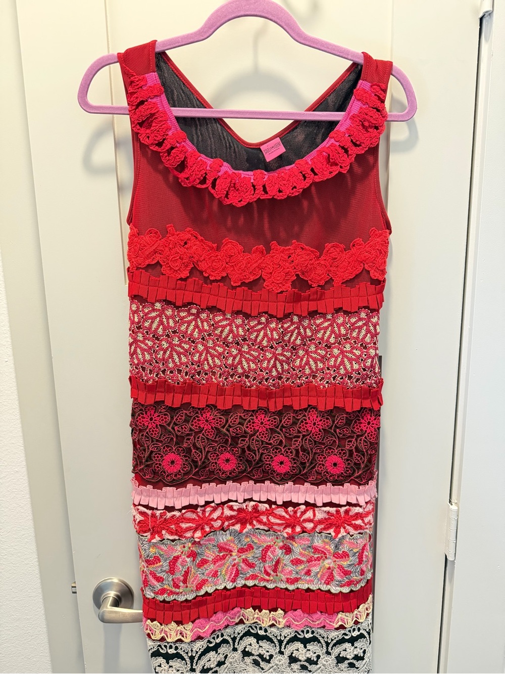 Womens Pink & Red Tiered Lace Dress